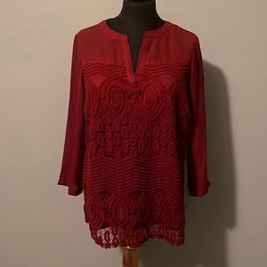 Valerie Stevens Women's Red Split Neck Long Sleeve Lace Top